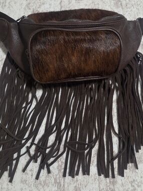 Trinity Ranch Fringed Brown Haircalf Leather Waist Bag